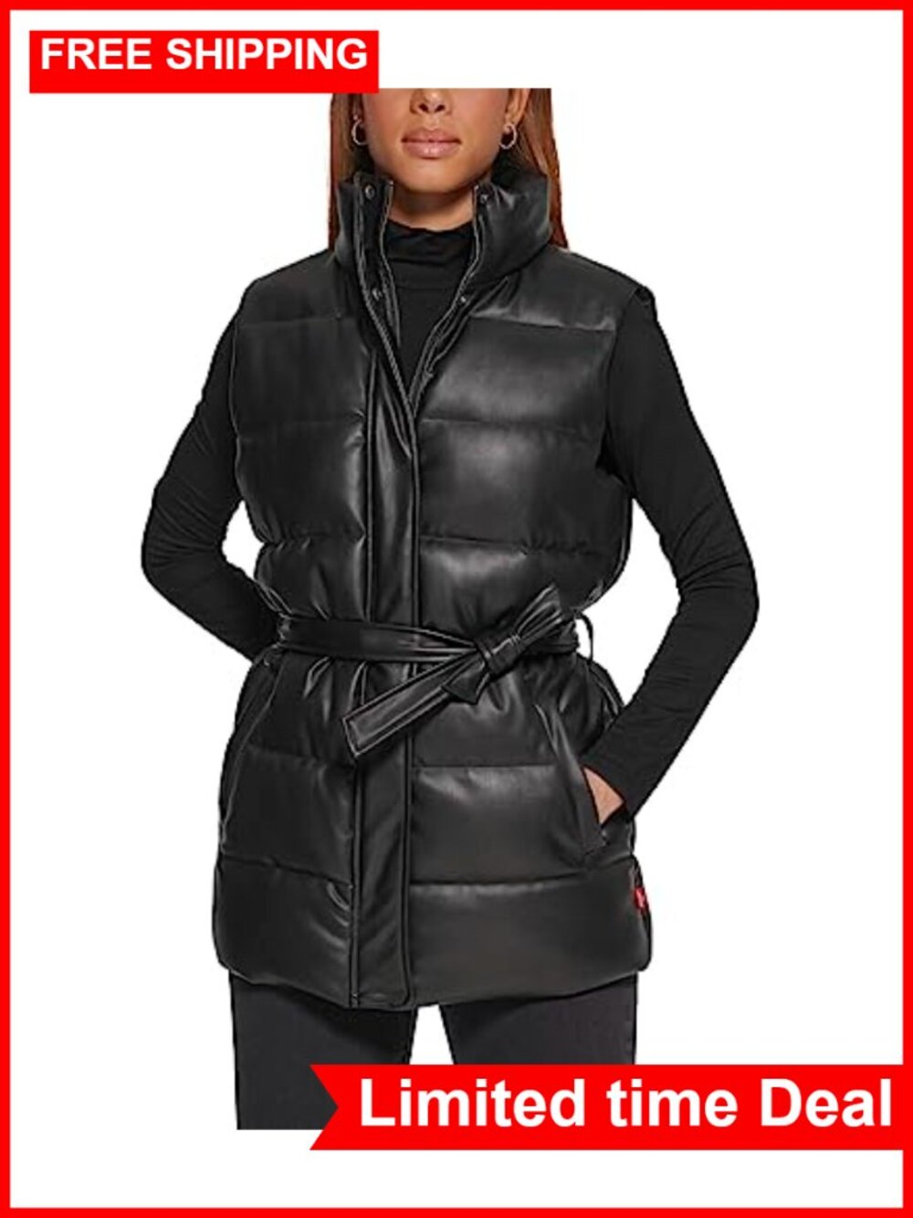 Vegan Leather Puffer Vest Water Resistant Quilted Belted